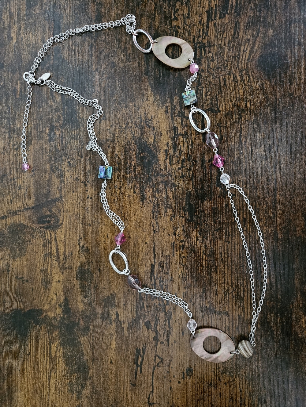 Y2K Lia Sophia Pink Carnation Abalone Shell Beaded Necklace | Silver Tone